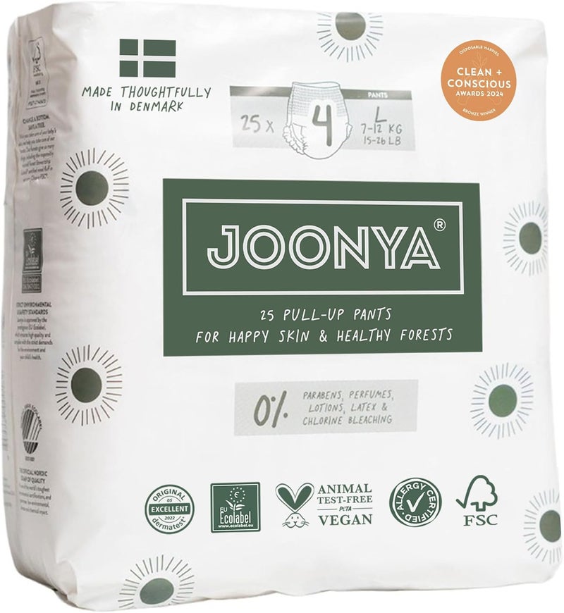 JOONYA Pull-Up Pants Baby Diapers, Size 4 L (15-26 lb) - 1 Bag of 25 - NonToxic, Eco-Friendly, Ultra Slim, Overnight Use - Made in Denmark - Image 1